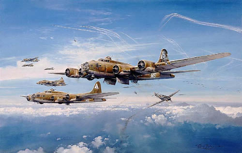 Return From Schweinfurt by Robert Taylor - Aviation Art of B-17, Spitfire, and Me109 signed by Johnnie Johnson and Adolf Galland
